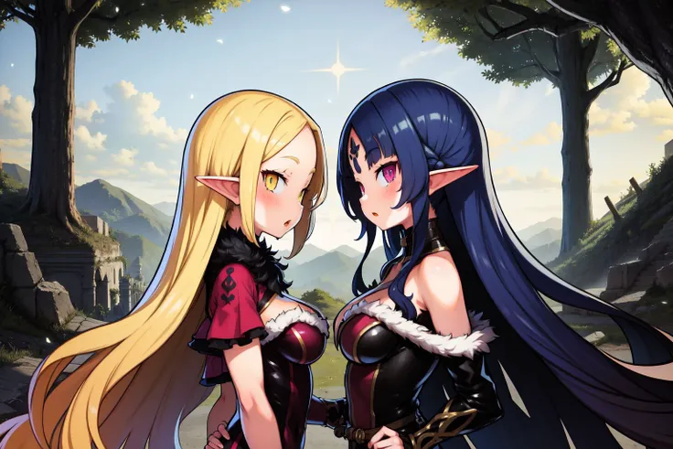 intricate details, (2girls:1.2), side-by-side, female elf, height difference, (profile:1.1), looking at viewer, medium breasts, dark grey & light purple armored dress, gold trim, fur jacket, asymmetrical bangs, full bangs, disheveled hair, amber eyes, gradient eyes, crowd of adventurers, ancient ruin, damaged buildings, rocks, mystic forest, cinematic lighting, light particles, backlighting, D&D, rpg  <lora:Disgaea7_style_v01:1>