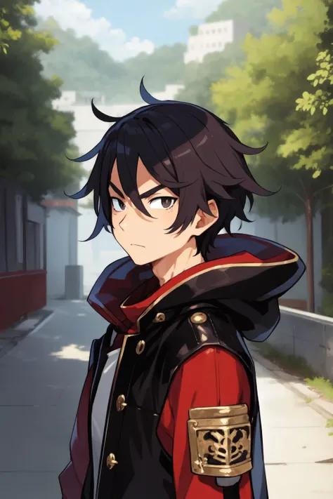 solo, male, looking at viewer, stoic, outdoors <lora:Disgaea7_style_v01:1>