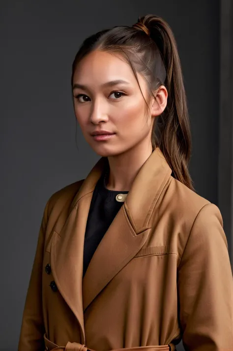 <lora:j355th3h0ng-000005:0.8>,((woman with the face of j355th3h0ng standing in an open brown trenchcoat with a ponytail staring at viewer with a expression of inquisitiveness with a dark background and a purse over her shoulder)),long face,big nose,, HDR10,8k hdr,RAW,remarkable color,raytracing,subsurface scattering,hyperrealistic,extreme skin details,skin pores,deep shadows,contrast,well lit,