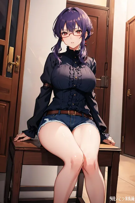 masterpiece, best quality, suzune, red glasses, purple hair, red eyes, black long-sleeved shirt, shiny clothes, short shorts, large breasts, looking at viewer, sitting, portrait<lora:suzune-nvwls-v2-000010:0.8>