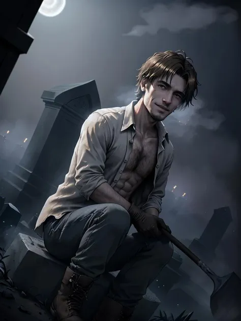 Dutch angle, A dark cinematic photograph of a (attractive smiling handsome twentyfive-year-old slim alluring dirty sweaty, short dark blonde hair, grave robber), gravedigger, wearing work gloves, jeans, (open shirt exposing hairy chest) & work-boots, (leaning on shovel next to open grave, looking at viewer, detailed realistic face, detailed realistic eyes:1.2), tombstones, mausoleums, iron fence, (pile of human bones), dirty sack, midnight, indirect moonlight, bokeh, f1.8,  centered composition,  soft light, ray tracing, moonbeams, volumetric lighting, night, (fog:1.37), smoke, intricate,