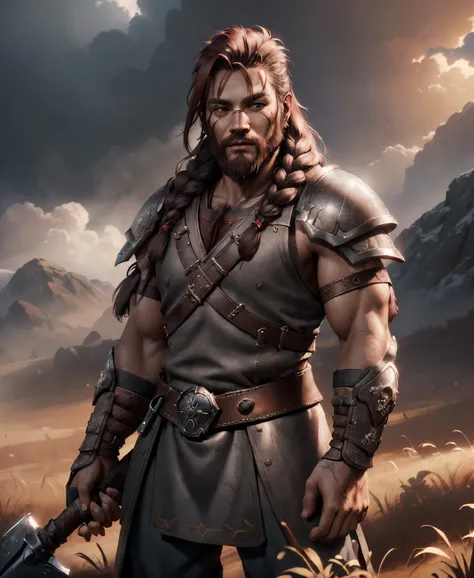 Dwarf With An Axe In Heavy Metal Armour, Short Height, Brown Viking Faux Mohawk, Long Beard With Braids, (Red Warpaint On Face:1.2), In Rural Area, Afternoon, Cloudy Sky, Black Smoke, Award Winning Concept Art, Highly Detailed, 4K, HDR, Soft Shadows, Intricate, Mystical, Ray Tracing, Highly Detailed Face, professional Concept Art, depth of field, best quality, masterpiece, highly detailed face, realistic hair, realistic eyes, dynamic lighting, realistic shadow, volumetric lighting, bloom, cinematic