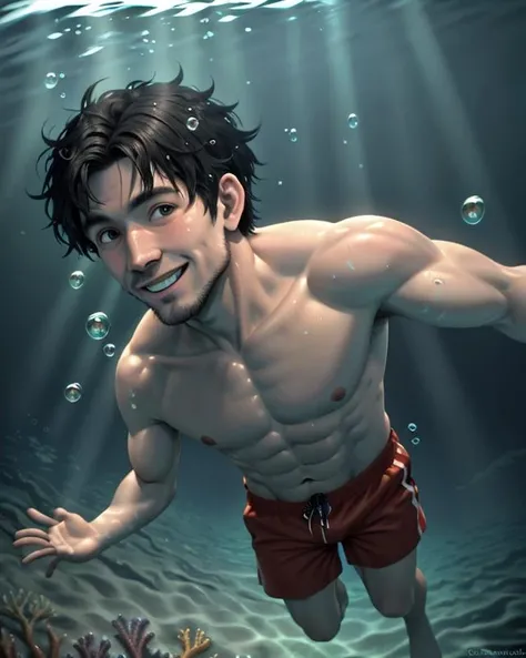 (masterpiece, best quality), cinematic shot, (1man:1.3), a (shirtless floating manswimming zero gravity, underwater, weightless:1.2) smiling alluring (man) swimming underwater in the ocean, 30yo redneck man wearing tight red swim trunks, chest belly, looking at viewer, coral reef, photorealistic accurate proportionate 8k sharp focus, life-like, ray tracing, sunlight, hyperdetailed, (bubbles, microbubbles:1.3), sand, light, god rays,
