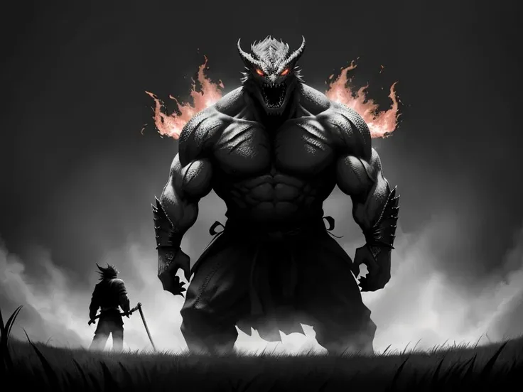 Climactic scene, a samurai with his katana standing in a field facing a distant giant dragon roaring, glowing eyes, scaled muscular arms sharp claws, ready to start fight, intense scene, fire and air flows, 8k ultrafine detail, attack on titan style, masterpiece, cinematic,(size difference),
