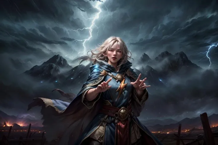 Photograph, combat stance on mountain ledge over fighting army, Furious battle damaged 25-year-old male mage in tattered wizard cloak, (gesturing with his fingers glowing runic symbols the air that are changing the weather overlooking a massive  battlefield, tornado, storm, lightning:1.2), surrounded by swirling magical energy, magic, fantasy,  hyperdetailed photorealistic, accurate, proportionate, 8k, extremely intricate detail, 
<lora:GoodHands-vanilla:1>, <lora:epiNoiseoffset_v2:1>, <lora:add_detail:1>,