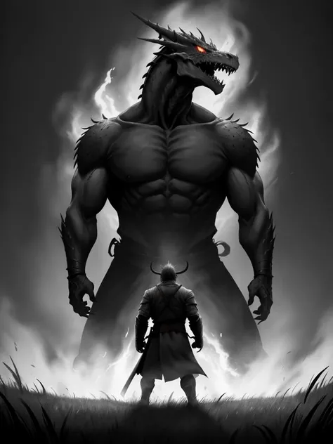 Climactic scene, a samurai with his katana standing in a field facing a distant massive skeletal dragon roaring, glowing eyes, scaled muscular arms sharp claws, ready to start fight, intense scene, fire and air flows, embers, 8k ultrafine detail, attack on titan style, masterpiece, cinematic,(size difference),