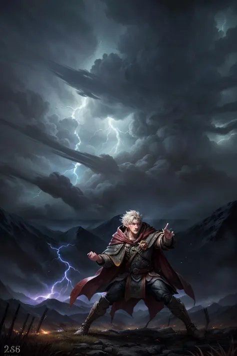 Photograph, combat stance on mountain ledge over fighting army, Furious battle damaged 25-year-old male mage in tattered wizard cloak, (gesturing with his fingers glowing runic symbols the air that are changing the weather overlooking a massive battlefield, tornado, storm, lightning:1.2), surrounded by swirling magical energy, magic, fantasy, hyperdetailed photorealistic, accurate, proportionate, 8k, extremely intricate detail,
<lora:GoodHands-vanilla:1>, <lora:epiNoiseoffset_v2:1>, <lora:add_detail:1>,