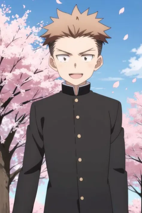 masterpiece, best quality, <lora:takeru_sawy:0.7> 1boy, solo, male focus, short hair, brown hair, dot pupils, looking at viewer, gakuran, long sleeves, looking at viewer, outdoors, cherry blossoms, falling petals, tree, sunlight, smile, open mouth,