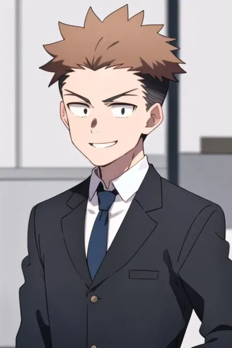 masterpiece, best quality, <lora:takeru_sawy:0.7> 1boy, solo, male focus, short hair, brown hair, dot pupils, smile, looking at viewer, collared shirt, white shirt, black jacket, black necktie, long sleeves, formal, black suit, simple background, blue background, standing, upper body, from side
