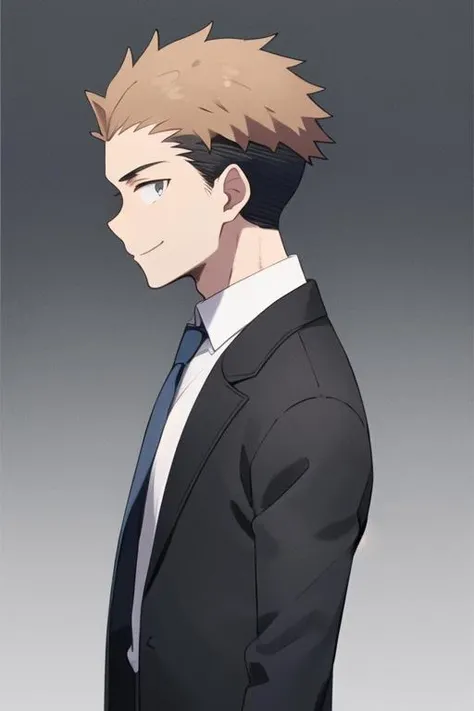 masterpiece, best quality, <lora:takeru_sawy:0.7> 1boy, solo, male focus, short hair, brown hair, dot pupils, smile, looking at viewer, collared shirt, white shirt, black jacket, black necktie, long sleeves, formal, black suit, simple background, blue background, standing, upper body, from side