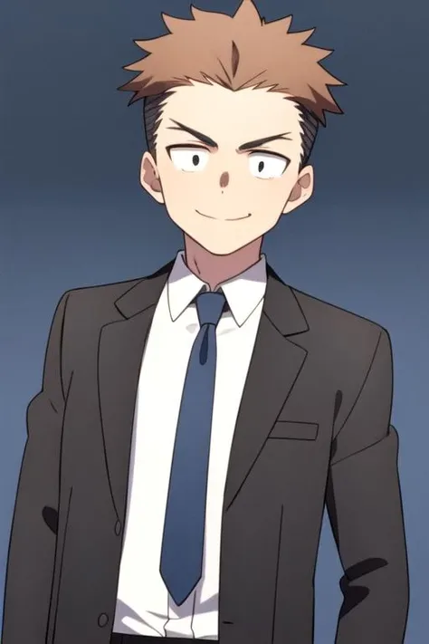 <lora:takeru_sawy:0.7> 1boy, solo, male focus, short hair, brown hair, dot pupils, smile, looking at viewer, collared shirt, white shirt, black jacket, black necktie, long sleeves, formal, black suit, simple background, blue background, standing, upper body, (masterpiece, best quality), highly detailed background, perfect lighting
