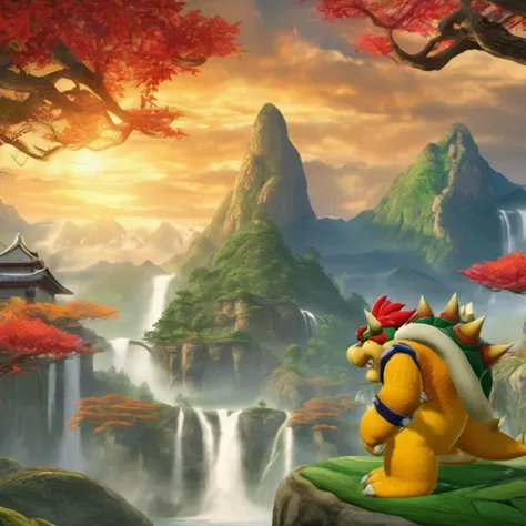 best quality, highly detailed,masterpiece,ultra-detailed,illustration,
Create a serene and mystical world that embodies the essence of the ancient art of swordplay. Incorporate elements such as misty mountains, lush forests, and cascading waterfalls to create a sense of tranquility and harmony. Consider using vibrant colors and dynamic lighting to enhance the natural beauty of the scene. <lora:Bowserxl:1>, Add Bowser in it.