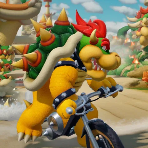 modelshoot style, (extremely detailed 8k wallpaper), Intricate, High Detail, dramatic, Bowser, <lora:Bowserxl:1> , riding bike