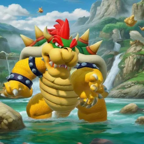 best quality, highly detailed,masterpiece,ultra-detailed,illustration,
Create a serene and mystical world that embodies the essence of the ancient art of swordplay. <lora:Bowserxl:1>, Bowser is swimming in a river