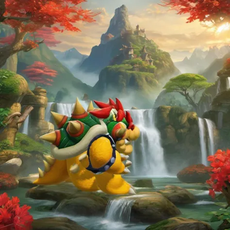 best quality, highly detailed,masterpiece,ultra-detailed,illustration,
Create a serene and mystical world that embodies the essence of the ancient art of swordplay. Incorporate elements such as misty mountains, lush forests, and cascading waterfalls to create a sense of tranquility and harmony. Consider using vibrant colors and dynamic lighting to enhance the natural beauty of the scene. <lora:Bowserxl:1>, Add Bowser in it.