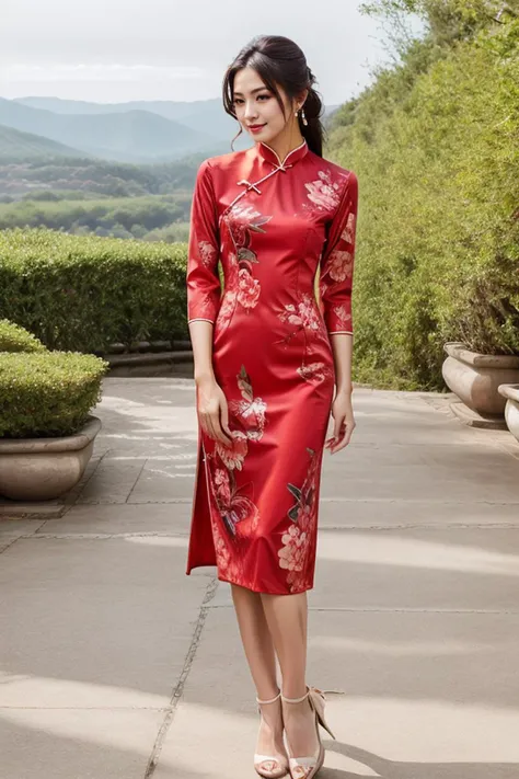detailed, beautiful, cute, full body shot, scenic view, professional photo, <lora:Detail Slider V2 By Stable :0.4>
<lora:China Dress By Stable Yogi:1> crimson, long china dress, floral print