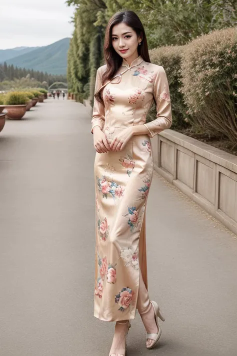 detailed, beautiful, cute, full body shot, scenic view, professional photo, <lora:Detail Slider V2 By Stable :0.4>
<lora:China Dress By Stable Yogi:1> salmon, long china dress, floral print