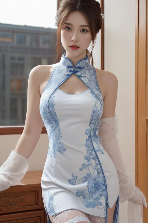 score_9,score_8_up,score_7_up,8k,hd,cowboy shot,((china dress)),bare shoulders,(elbow gloves:1.1),pelvic curtain,sideless outfit,sideboob,(lace:0.5),(white gloves),white thighhighs,
hyper realistic,lifelike texture,dramatic lighting,Nikon RAW photo,8k,Fujifilm XT3,masterpiece,best quality,realistic,(photorealistic:1.4),ultra detailed,extremely detailed face,,
long version cheongsam,blue crochet pattern,<lora:Crochet_Cheongsam_By_Stable_Yogi:0.9>,The white cheongsam has a blue border with a pattern like blue and white porcelain,
