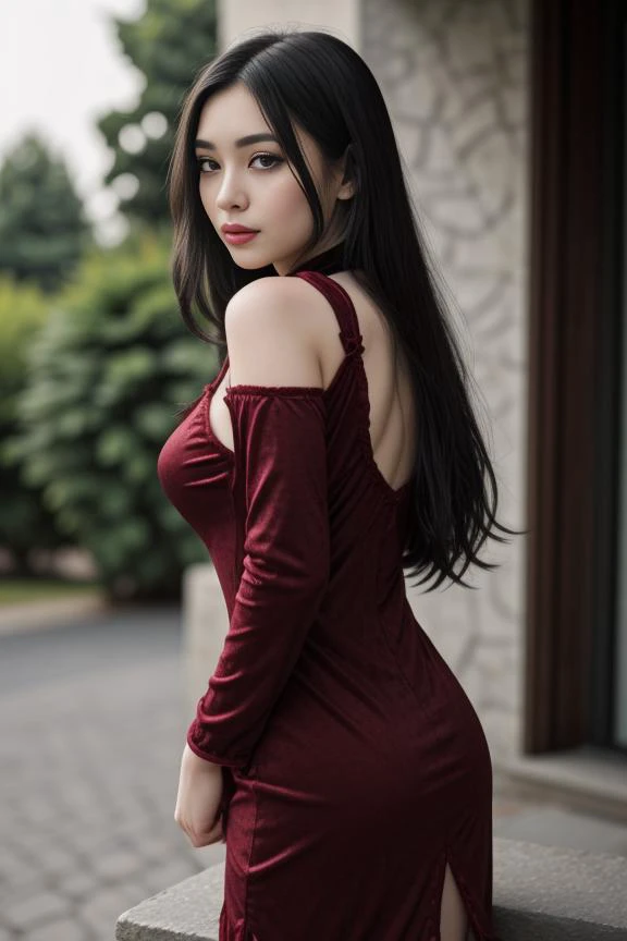 1woman, black hair, center parted long hair, realistic, masterpiece, high detailed skin, wearing random dress, looking at viewer, outdoor view, solo
<lora:Velvet_cheongsam_By_Stable_Yogi:0.8>ruby velvet cheongsam