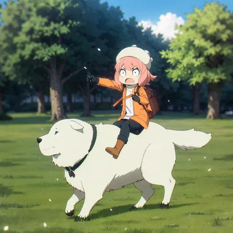 <lora:AnyaForgerSF001:0.7>,
AnyaForgerSF,
on_dog,1girl,female child,pink hair,outdoors,anya (spy x family),riding,hat,pointing,grass,gloves,bag,open mouth,black gloves,white headwear,dog,jacket,parody,tree,animal,child,blurry background,boots,day,solo,backpack,brown footwear,blurry,pants,wide-eyed,surprised,coat,constricted pupils,long sleeves,short hair,bangs,nature,orange jacket,sidelocks,d:,twitter username,running,open clothes,medium hair,:o,full body,meme,shirt,v-shaped eyebrows,