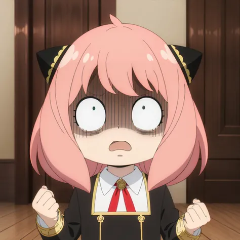 <lora:AnyaForgerSF001:0.7>,
AnyaForgerSF,angry,anya (spy x family),1girl,pink hair,female child,school uniform,solo,anger vein,open mouth,eden academy school uniform,clenched hand,shirt,meme,collared shirt,shaded face,bangs,child,upper body,white shirt,wooden floor,dress,neck ribbon,black dress,hand up,medium hair,ribbon,indoors,red ribbon,ahoge,:o,green eyes,parody,cone hair bun,door,turn pale,hair bun,hair ornament,short hair,jacket,blank eyes,rectangular mouth,hairpods,gold trim,wing collar,d:,wide-eyed,constricted pupils,surprised,