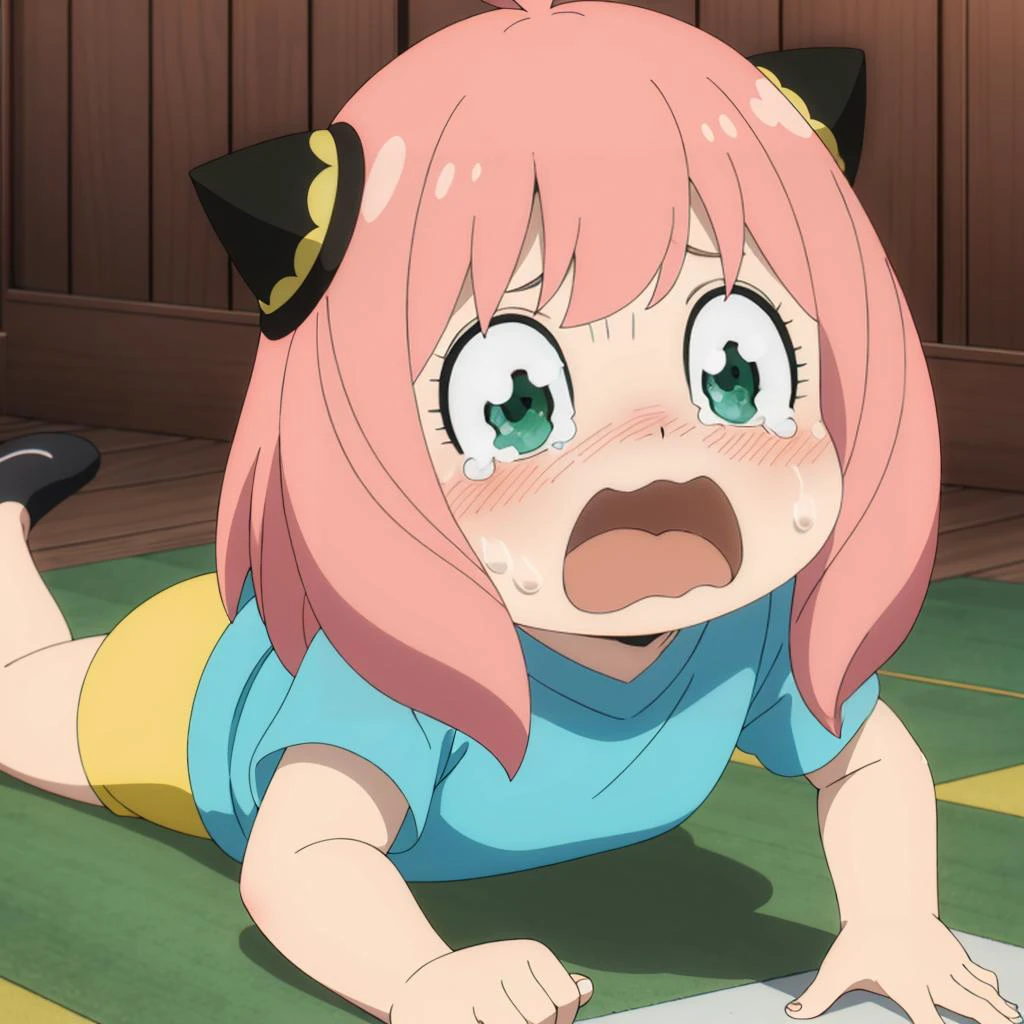 <lora:AnyaForgerSF001:0.7>,
AnyaForgerSF,
crying,1girl,anya (spy x family),female child,pink hair,solo,tears,green eyes,crying with eyes open,on floor,shirt,meme,open mouth,child,lying,on stomach,wavy mouth,blush,short sleeves,yellow shorts,shorts,snot,medium hair,all fours,bangs,short hair,looking at viewer,indoors,blue shirt,ahoge,parody,hair ornament,cone hair bun,streaming tears,t-shirt,dress,hair bun,black footwear,