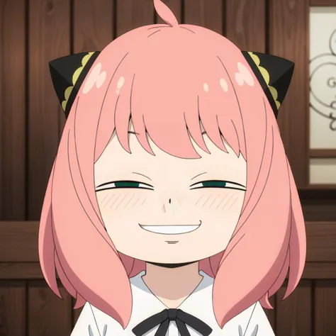 <lora:AnyaForgerSF001:0.7>,
AnyaForgerSF,1female_child,pink hair,cone hair bun,solo,
dress,
evil_smirk,pink hair,meme,smile,female child,looking at viewer,green eyes,smug,portrait,parody,blush,bangs,grin,child,smirk,blurry background,half-closed eyes,medium hair,indoors,short hair,blurry,hair ornament,parted lips,hair bun,cone hair bun,shirt,troll face,ahoge,scene reference,white shirt,close-up,evil smile,