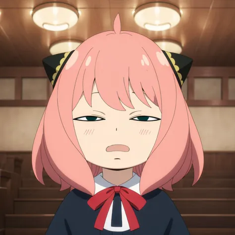 <lora:AnyaForgerSF001:0.7>,
AnyaForgerSF,
sleepy,anya (spy x family),female child,1girl,pink hair,solo,indoors,half-closed eyes,squinting,open mouth,child,one eye closed,bangs,blurry background,meme,upper body,ahoge,ceiling light,blurry,green eyes,medium hair,bow,short hair,half-closed eye,parody,bowtie,narrowed eyes,red bow,jitome,red bowtie,horns,capelet,hair bun,looking at viewer,horn ornament,blue eyes,stairs,