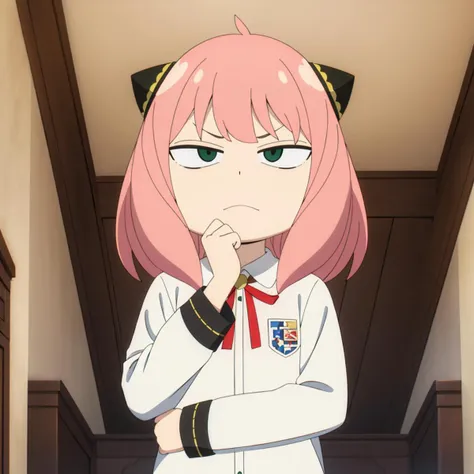 <lora:AnyaForgerSF001:0.7>,
AnyaForgerSF,
thinking,1girl,anya (spy x family),solo,pink hair,female child,hand on own chin,stroking own chin,shirt,child,white shirt,school uniform,long sleeves,meme,parody,frown,closed mouth,upper body,medium hair,bangs,ahoge,red ribbon,indoors,ribbon,collared shirt,neck ribbon,black eyes,green eyes,window,looking up,hairpods,hair bun,hand up,cone hair bun,hair ornament,short hair,door,v-shaped eyebrows,blurry,jewelry,
