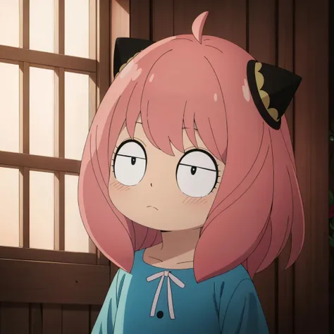 <lora:AnyaForgerSF001:0.7>,
AnyaForgerSF,1female_child,pink hair,cone hair bun,
dress,
thinking,