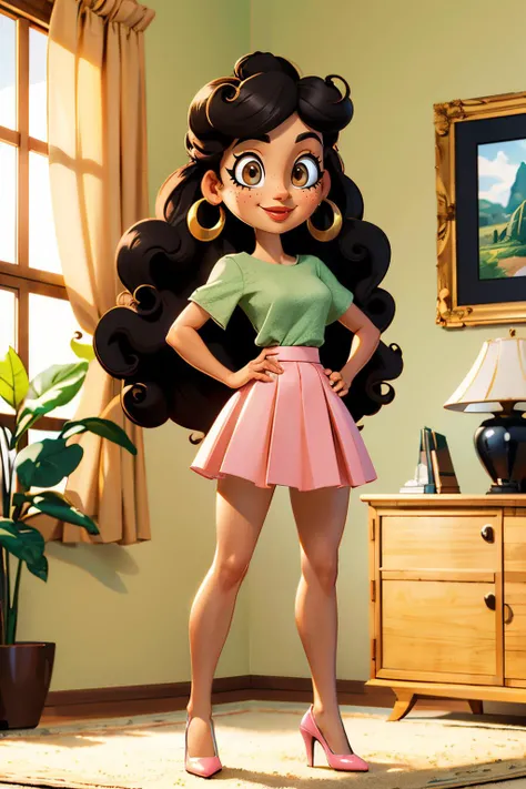 MariaRivera, long curly black hair, brown eyes,hoop earrings, freckles, dark skin, green shirt, pink skirt, heels,looking at viewer, smiling, full body shot, standing, hands on hips, inside, fancy living room, natural lighting, high quality, masterpiece, <lora:MariaRivera:.7>