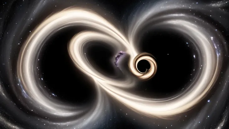 2 black holes in space, spinning opposite, whirling space dust, magnetic fields, stars in space, bending light <lora:SDXL Detail:0.8>, stars in space
