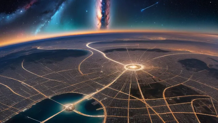 a satellite photo from space of a planet made of a huge city, <lora:SDXL Detail:0.8>, milky way stars in background,