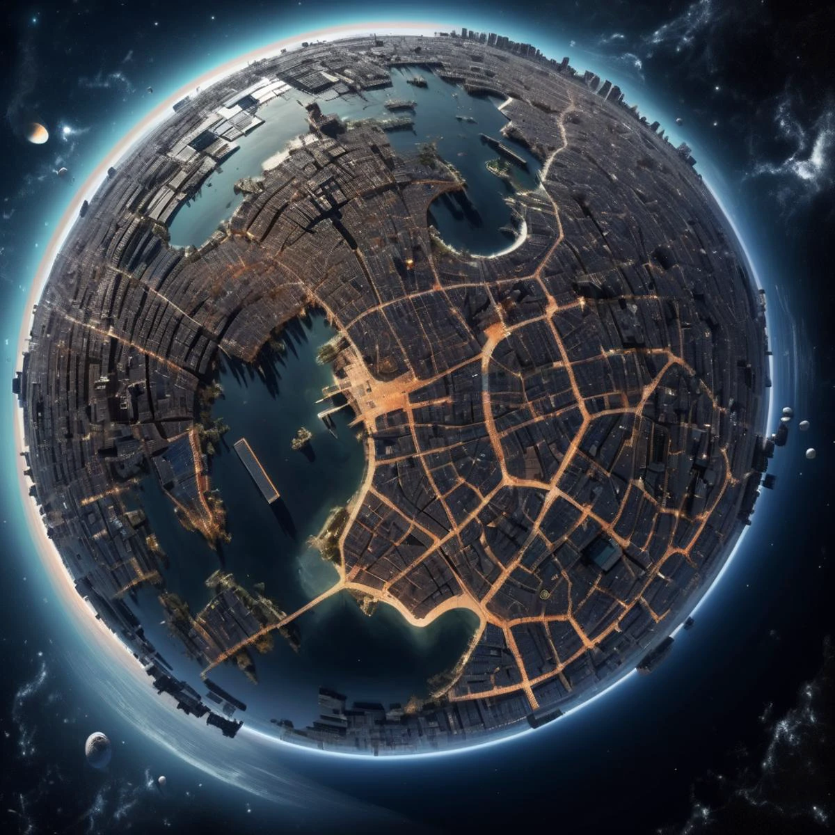 a satellite photo from space of a planet made of a huge city, <lora:SDXL Detail:0.8>, stars in background,
