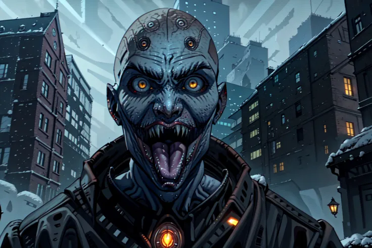 <lora:Wendigo-UD:0.8> EarthWendigo-UD, Wendigo, solo, looking at viewer, no humans, male focus, night, building, bald, white eyes, alien, teeth, tongue, tongue out, sharp teeth, fangs, monster, horror (theme)