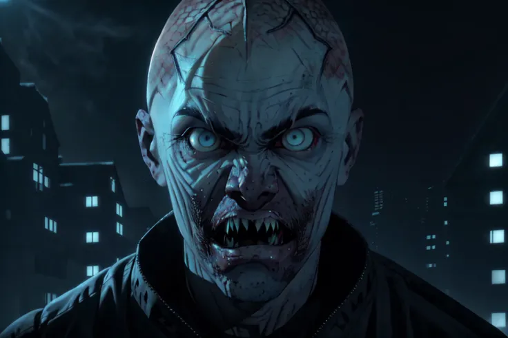 <lora:Wendigo-UD:0.8> EarthWendigo-UD, solo, looking at viewer, 1boy, male focus, teeth, night, building, portrait, realistic, bald, white eyes, alien, horror (theme)