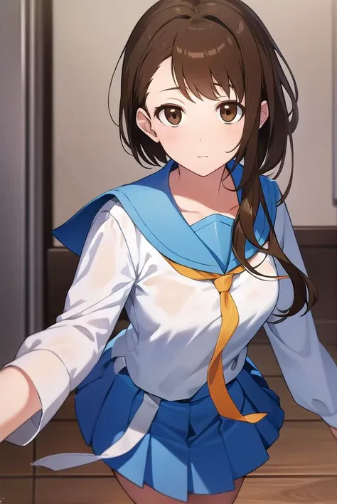 kosakionodera, <lyco:kosakionodera-LYCORIStest:1>,
kosaki onodera, asymmetrical hair, brown hair, hair between eyes, (brown eyes:1.7),
BREAK blouse, blue sailor collar, blue skirt, bonyari high school uniform, bow, brown footwear, collared shirt, kneehighs, loafers, long sleeves, miniskirt, necktie, orange necktie, pleated skirt, sailor collar, sailor shirt, school uniform, serafuku, shirt, shoes, skirt, socks, white shirt, white socks, yellow necktie,
BREAK looking at viewer,
BREAK indoors, classroom,
BREAK <lora:GoodHands-vanilla:1>, (masterpiece:1.2), best quality, high resolution, unity 8k wallpaper, (illustration:0.8), (beautiful detailed eyes:1.6), extremely detailed face, perfect lighting, extremely detailed CG, (perfect hands, perfect anatomy),
