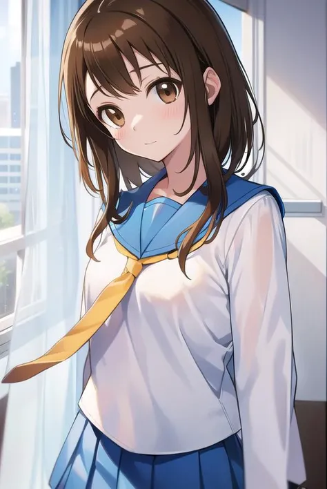 kosakionodera, <lyco:kosakionodera-LYCORIStest:1>,
kosaki onodera, asymmetrical hair, brown hair, hair between eyes, (brown eyes:1.7),
BREAK blouse, blue sailor collar, blue skirt, bonyari high school uniform, bow, brown footwear, collared shirt, kneehighs, loafers, long sleeves, miniskirt, necktie, orange necktie, pleated skirt, sailor collar, sailor shirt, school uniform, serafuku, shirt, shoes, skirt, socks, white shirt, white socks, yellow necktie,
BREAK looking at viewer,
BREAK indoors, classroom,
BREAK <lora:GoodHands-vanilla:1>, (masterpiece:1.2), best quality, high resolution, unity 8k wallpaper, (illustration:0.8), (beautiful detailed eyes:1.6), extremely detailed face, perfect lighting, extremely detailed CG, (perfect hands, perfect anatomy),