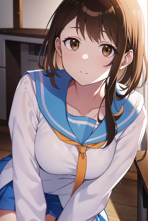 kosakionodera, <lyco:kosakionodera-LYCORIStest:1>,
kosaki onodera, asymmetrical hair, brown hair, hair between eyes, (brown eyes:1.7),
BREAK blouse, blue sailor collar, blue skirt, bonyari high school uniform, bow, brown footwear, collared shirt, kneehighs, loafers, long sleeves, miniskirt, necktie, orange necktie, pleated skirt, sailor collar, sailor shirt, school uniform, serafuku, shirt, shoes, skirt, socks, white shirt, white socks, yellow necktie,
BREAK looking at viewer,
BREAK indoors, classroom,
BREAK <lora:GoodHands-vanilla:1>, (masterpiece:1.2), best quality, high resolution, unity 8k wallpaper, (illustration:0.8), (beautiful detailed eyes:1.6), extremely detailed face, perfect lighting, extremely detailed CG, (perfect hands, perfect anatomy),