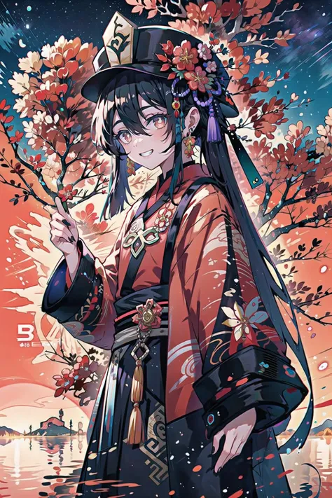 (extremely detailed CG unity 8k wallpaper),(ultra-detailed),masterpiece,best quality,
\\,
flower-shaped pupils,symbol-shaped pupils,plumeyes,1girl,hutao,solo,smile,red_eyes,twintails,(long hair),grin,long sleeves,black headwear,plum blossoms,teeth,hair between eyes,bangs,hat,outdoors,watercraft,architecture,plant,east asian architecture,mountain,sunset,hair ornament,tree,long sleeves,solo,sky,sun,wide sleeves,bangs,sash,chinese clothes,building,watercolor (medium),colored pencil (medium),green bow,earrings,mountain,dusk,autumn leaves,(autumn),shooting star,starry sky,Chinese architecture,
<lora:LAS:0.5>,<lora:C_fashion:0.6>,<lora:hutao-v11-000005:0.65>,