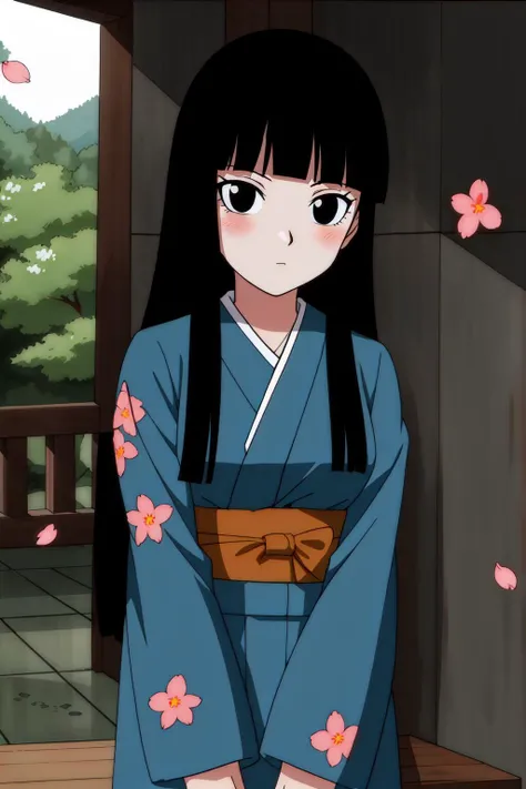 solo, 1girl, masterpiece, high quality, 
<lora:FutureMai:0.6>, mai, long hair, black hair, black eyes, 
kimono, cherry blossoms, temple, temple gate, blush, lighting