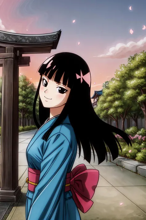 solo, 1girl, masterpiece, high quality,
<lora:mai:0.6>, mai, long hair, black hair, black eyes, happy, smile, from side,
kimono, cherry blossoms, temple gate, pink sky, <lora:add_detail:1>