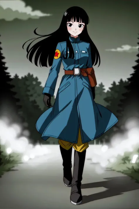 solo, 1girl, masterpiece, high quality, 
<lora:FutureMai:0.6>, mai, long hair, black hair, black eyes, 
coat, military, military uniform, pouch,  running,  black gloves, 
(from side), smile,  standing, wind lift, looking at viewer,