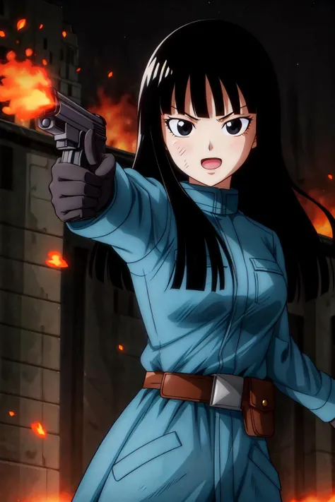 solo, 1girl, masterpiece, high quality,
<lora:mai:0.6>, mai, long hair, black hair, black eyes, serious, open mouth, upper body,
military uniform, black gloves, ((gunpointed at viewer)), ruined city, night sky, fire, <lora:add_detail:1>