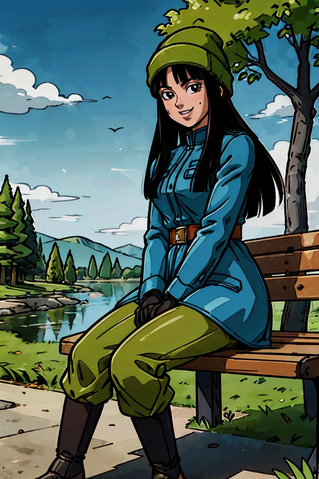 mai,beanie, long black hair, black eyes, coat, military uniform, black gloves, pants, looking at viewer,smiling, happy, sitting, on bench, outside, park, trees, grass, lake, winter, blue sky, high quality, masterpiece, <lora:mai:.6>