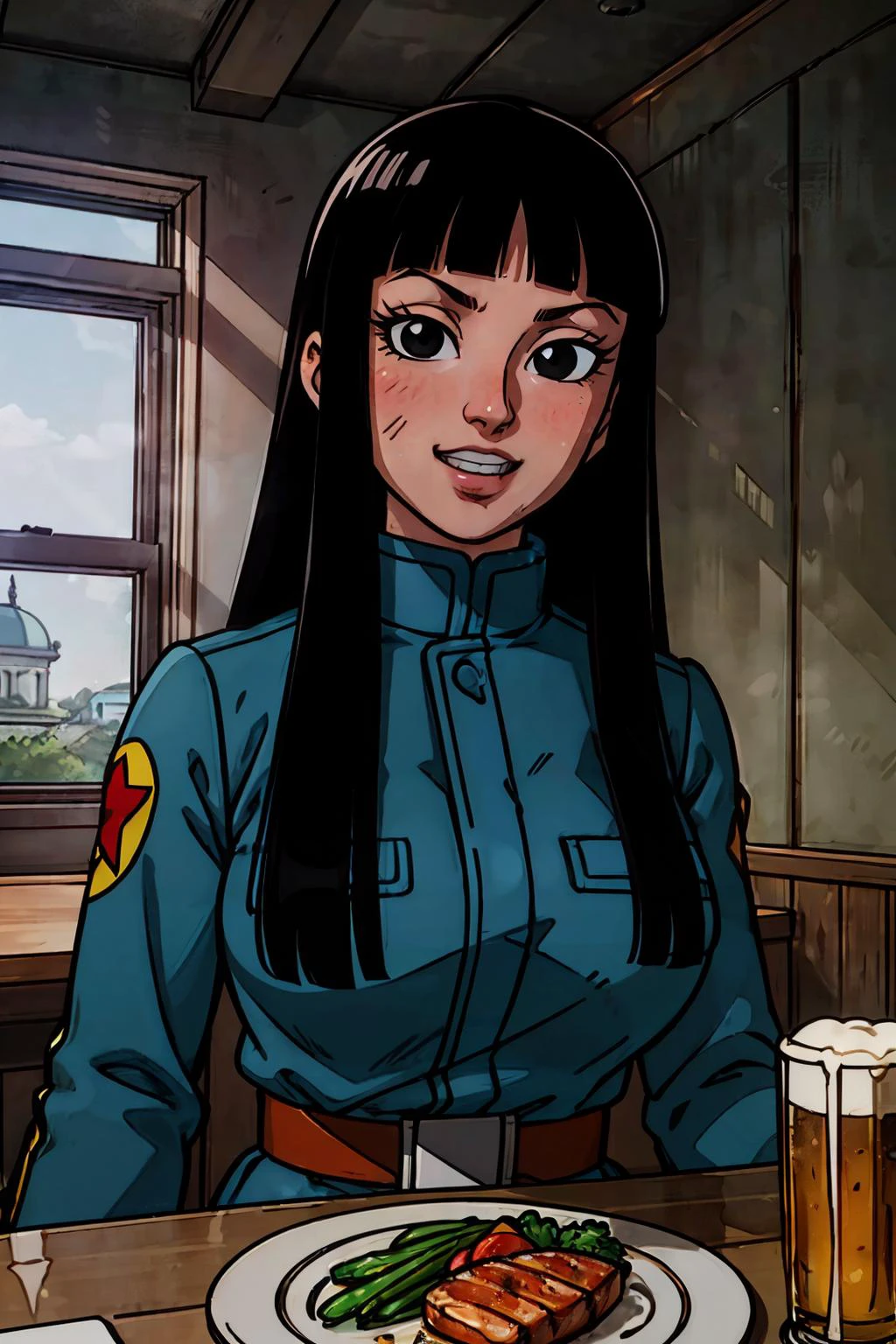 mai, long black hair, black eyes, coat, military uniform, looking at viewer,smiling, teeth, upper body shot, sitting, behind a table, inside a fancy restaurant, table full of food, grilled salmon, vegetables, glass of beer, romantic ambiance, high quality, masterpiece, <lora:mai:.6>