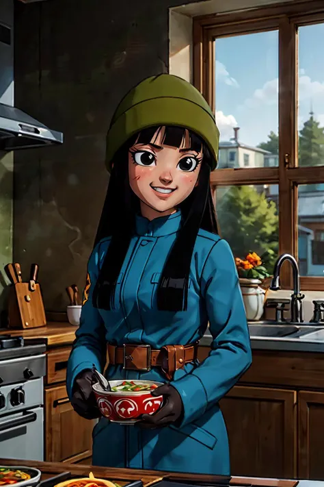 mai,beanie, long black hair, black eyes, coat, military uniform, black gloves, pants, looking at viewer, smiling, happy, standing, medium shot, holding a bowl of ramen, inside a cozy kitchen, counter, window, blue sky, high quality, masterpiece, <lora:mai:.6>