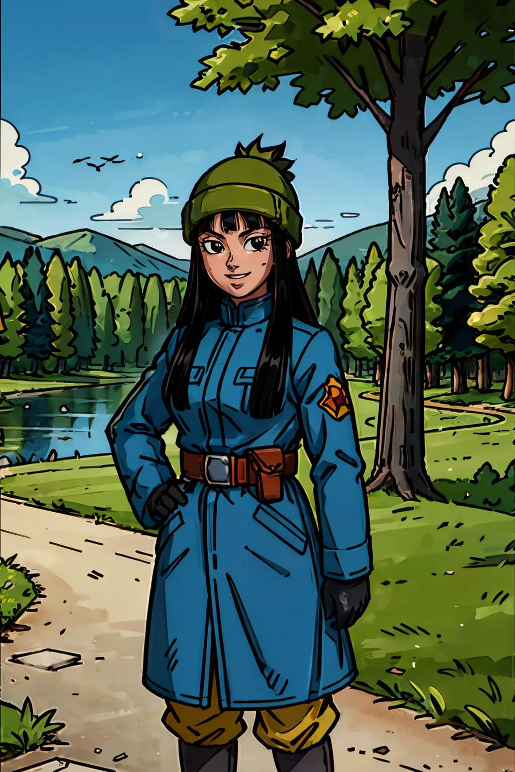 mai,beanie, long black hair, black eyes, coat, military uniform, black gloves, looking at viewer,smiling, standing, outside, park, trees, grass, lake, winter, blue sky, high quality, masterpiece, <lora:mai:.6>