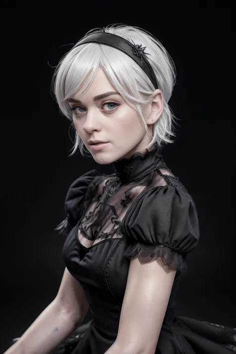 real, photoshoot, realistic, masterpiece, best quality, (detailed beautiful face, detail skin texture, ultra-detailed body:1.1),
<lora:katyperry_smf_lora_02-000001:0.9>, kperry-smf , white hair, short hair, YoRHa No.2 Type B, portrait, (black dress:1.3), puffed sleeves, headband, close-up
<lora:2BCosplay:0.5>