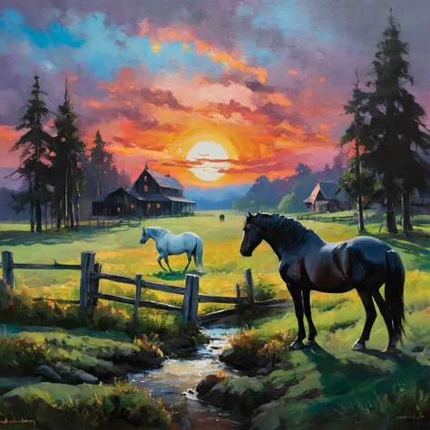 Dark Fantasy Art of <lora:Dark Art Painting Style:0.9>
a landscape painting of a sunset with horses in a field dark art painting style, dark, moody, dark fantasy style